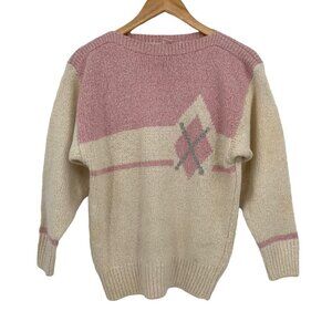 CLAUDE 80s Silk Angora Knit Argyle Crew Neck Sweater S Pullover Preppy Vintage